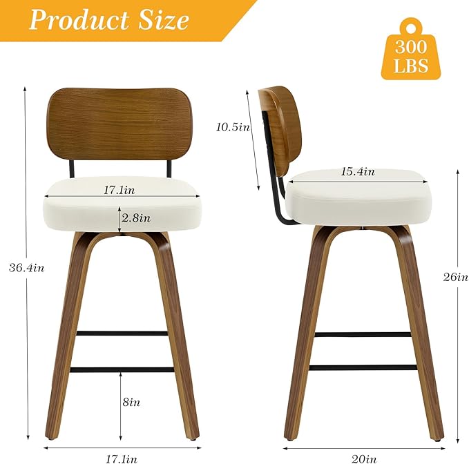 Bekrvio Swivel Counter Height Bar Stools Set of 4, Mid-Century Modern Upholstered Faux Leather Barstools with Wood Back, 26" Seat Height Bar Stools for Kitchen Island, Cream Seat and Walnut Frame