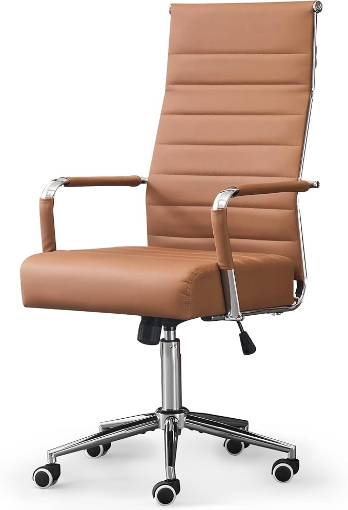 Office Desk Chair,Conference Room Chairs with Wheels and Arms, Modern PU Leather Ergonomic High Back Executive Ribbed Height Adjustable Swivel Chair for Home Office (Brown)