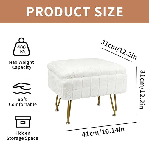 ACEQLYT® Small Foot Stool, Small Ottoman with Storage, White Furry Footstool with Soft Padded Seat & Gold Metal Leg