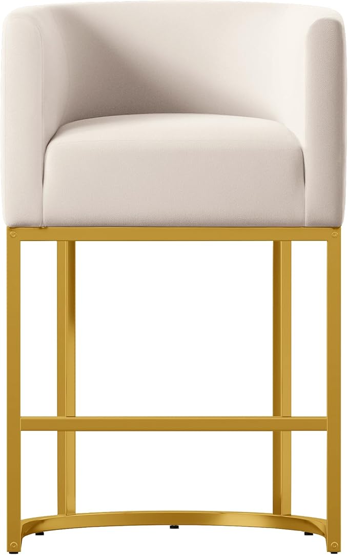 26" Modern Counter Height Bar Stools,Velvet Fabric Upholstered Barrel Barstools with Backs,Island Chairs bar stools Set of 1,Metal Gold Frames,Beige White Velvet