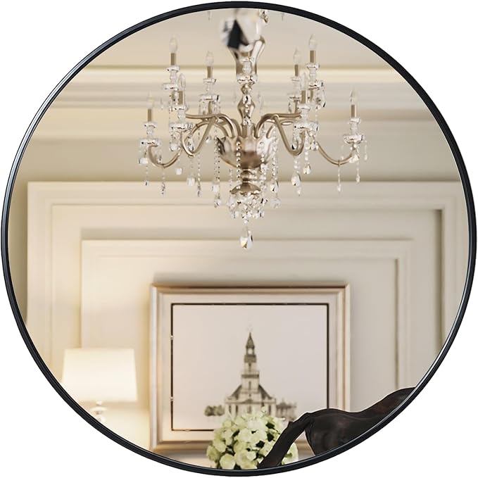 Growsun 48 inch Large Round Mirror, Bathroom Mirror for Wall, Metal Frame Round Mirror for Fireplace Living Room Wall Decor, Black Frame