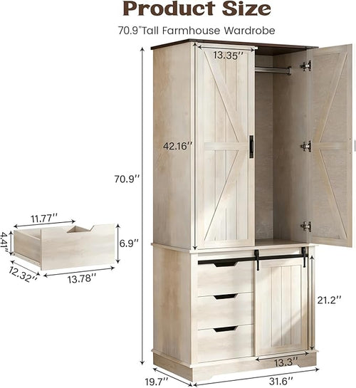 71" Tall Farmhouse Armoire Wardrobe Closet with 3 Drawers and Sliding Barn Door, 3 Doors Wooden Wardrobe Cabinet Clothing Storage Cabinet Organizer, Neoclassical White