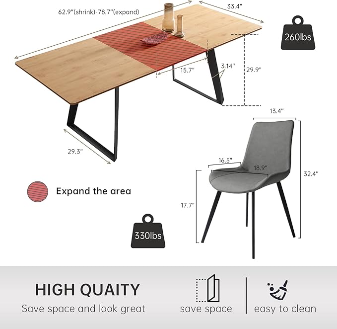 ZckyCine 63"-79" Expandable Dining Table Set for 6, Modern Oak Wood Table & 6 Grey Chairs – Extendable Dining Set for Kitchen & Dining Room