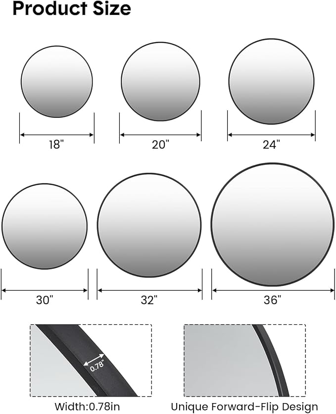 GarveeTech 18 Inch Black Circle Wall Mirror, Modern Round Metal Framed Mirror for Bathroom, Entryway, Living Room, Bedroom, Dining Room, Hallway, Decorative Home Décor, Easy Mount