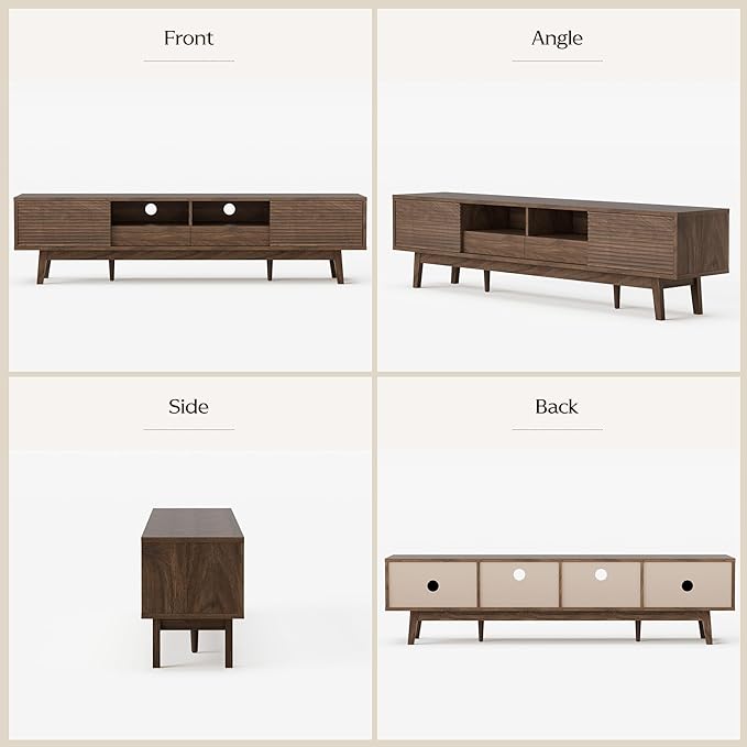 TOLEAD 70" Mid Century Modern TV Stand for TVs up to 75 Inch, Low Profile Entertainment Center with Fluted Sliding Doors & Storage Drawers, Wood TV Console Table for Living Room, Walnut