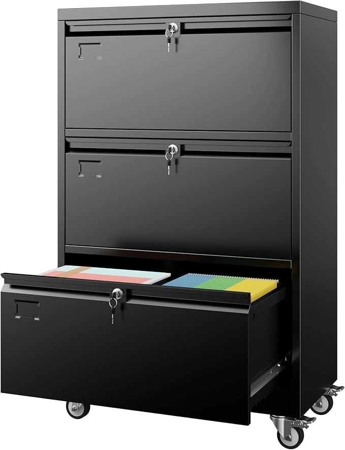 METAN 3 Drawer Lateral File Cabinet on Wheels with Locks, Heavy Duty Metal Rolling Filing Cabinet for Home Office, for Letter, Legal Size Folders, Black, 16" D x 29" W x 47.5" H, Assembly Required