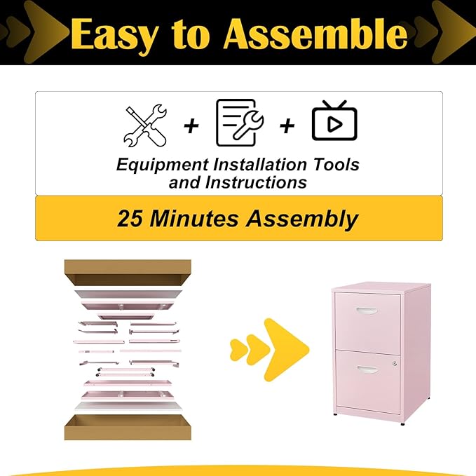 SteeLoong 2 Drawer File Cabinet with Lock,Pink Metal Office Drawers Filing Cabinets for Home Office, Two Drawer Under Desk File Cabinet for Hanging Letter,Easy Assemble
