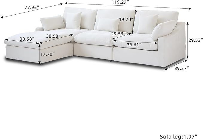 Modular Sectional Sofa Cloud Couch, 119.29" L Shaped Couch with Chaise Ottoman, Linen Blend Fabric Minimalist Deep Seat Couches for Living Room, Sofa Covers Washable&Removable, White