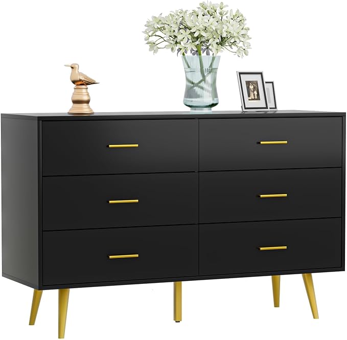 CARPETNAL Black Dresser for Bedroom, 6 Drawer Dresser with Wide Drawers and Gold Metal Handles, Wood Dressers & Chest of Hallway, Entryway.