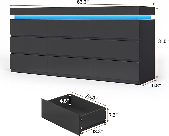 HAUOMS 9 Drawer Dresser with LED Light, Black Modern Chest of Drawers for Bedroom,Long Dresser with Drawers for Living Room, Entryway, Hallway