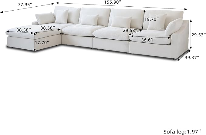 155.9" L Shape Cloud Modular Couches for Living Room, Modern Sectional Sofa with Chaise Ottomans, Deep Seat Couch Cushion Covers Washable&Removable, Sectional Sofas for Home Office Apartment (White)