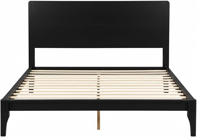 Merax Queen Size Bamboo Platform Bed, Mid-Century Modern Bed Frame with Tall Headboard, Solid Sustainable Bedframe Queen-Size, Wood Slat Support, No Box Spring Needed, Easy Assembly, Noise Free, Black