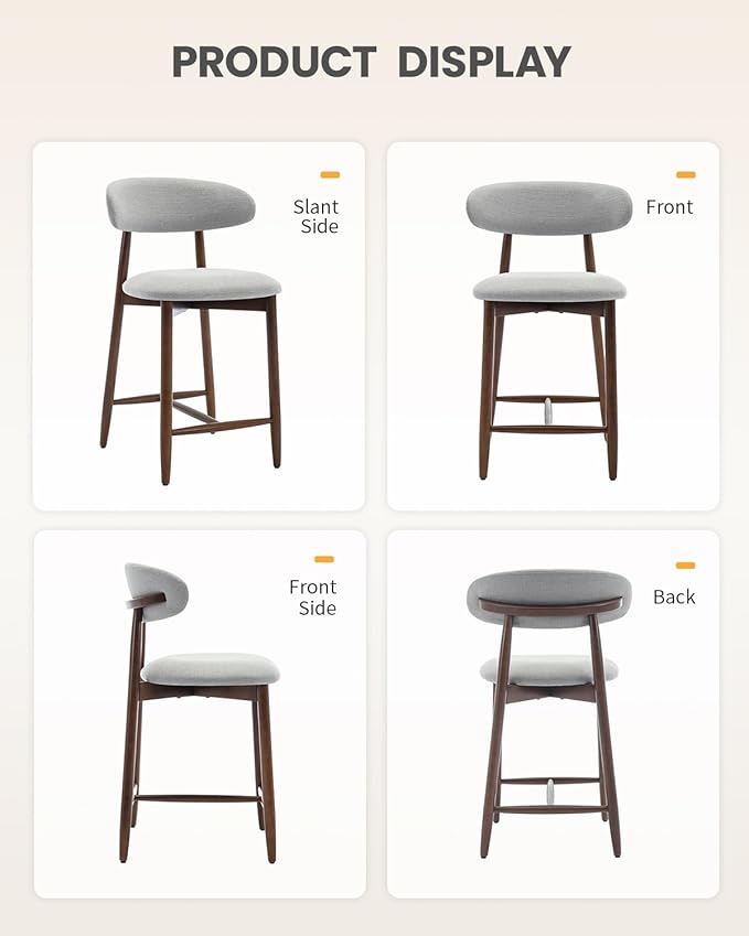 Bar Stools Set of 2, 25.6″ Counter Height Bar Stools with Wood Legs, Upholstered Modern Kitchen Barstools for Kitchen Island Dining Room Bar, Light Grey
