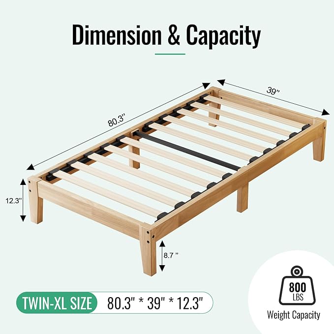 Twin XL Size Solid Wood Platform Bed - Noise-Free Design with Metal and Wood Slat Support, No Box Spring Needed, Easy Assembly, Natural Wood Finish