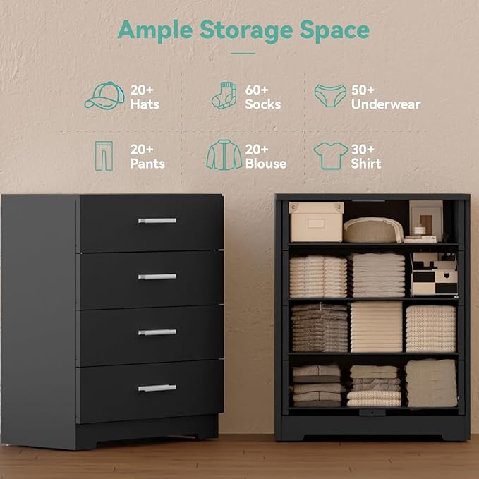 FJTJBSI Dresser with Power Outlets Wooden 4 Drawer Dresser with USB and Type C Port Chest of Drawers for Bedroom Tall Black Organizer Storage for Living Room Hallway Closet