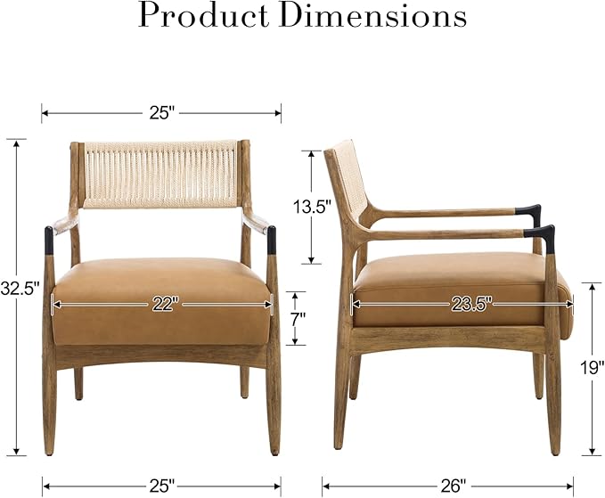Ya-Home Mid-Century Modern Accent Chairs with Woven Rope Back, Upholstered PU Leather Armchairs with Solid Wood Frame for Living Room Bedroom,2PCS, Brown