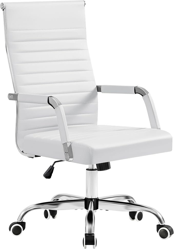 Furmax Ergonomic Office Desk Chair, Executive Ribbed Mid-Back PU Leather Conference Room Chair Adjustable Swivel Chair with Arms (1, White)