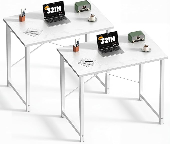 Sweetcrispy Small Computer Office Desk 32 Inch Student Study Writing Work with Metal Frame Wood Tabletop Modern Simple Home Bedroom PC Table - White, 2 Pack