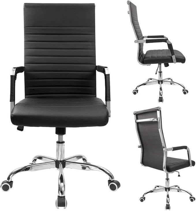 Furmax Ergonomic Office Desk Chair, Executive Ribbed Mid-Back PU Leather Conference Room Chair Adjustable Swivel Chair with Arms (4, Black)