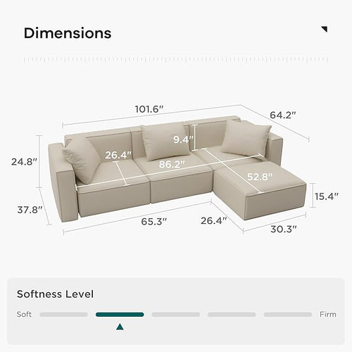 Acanva Luxury Modular Sectional Living Room Sofa Set, Modern Minimalist Style Couch with Ottoman and Chaise, L-Shape, Cream