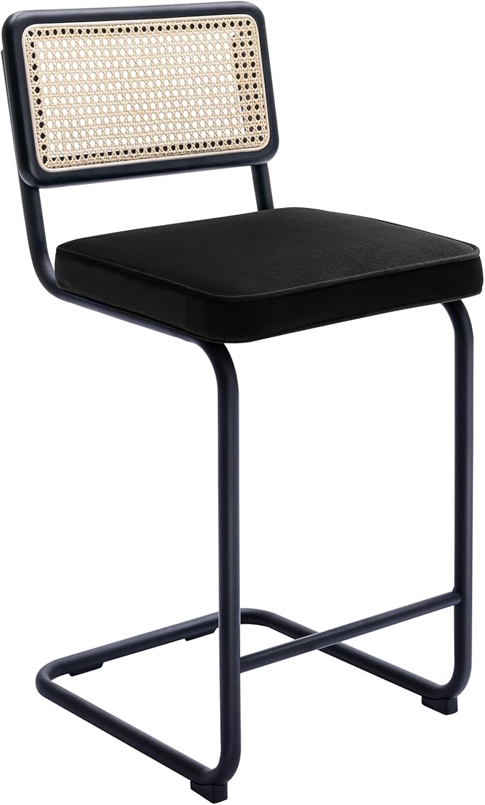 Zesthouse Natural Rattan Bar Stools Set of 2, 26'' Modern Counter Height Stools, Velvet Counter Height Chairs with Solid Wood Back, Mid Century Cantilevered Design Bar Chairs for Kitchen Island, Black