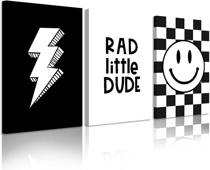 Boys Room Wall Art Decor Toddler Nursery Canvas Wall Art Baby Kids Wall Decor Black Checkered Smiley Poster Pictures Retro Playroom Rad Little Dud Art Prints for Bedroom 12x16x3 Inch Framed