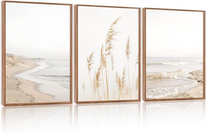 HPNIUB Modern Beach Artwork Seascape Wall Art, Seaside Framed Painting Reed Pathway Picture, Minimalist Neutral Coastal Landscape Wall Decor for Living Room,Bathroom(Set of 3,12X16 Inch)