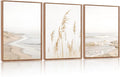 HPNIUB Modern Beach Artwork Seascape Wall Art, Seaside Framed Painting Reed Pathway Picture, Minimalist Neutral Coastal Landscape Wall Decor for Living Room,Bathroom(Set of 3,12X16 Inch)