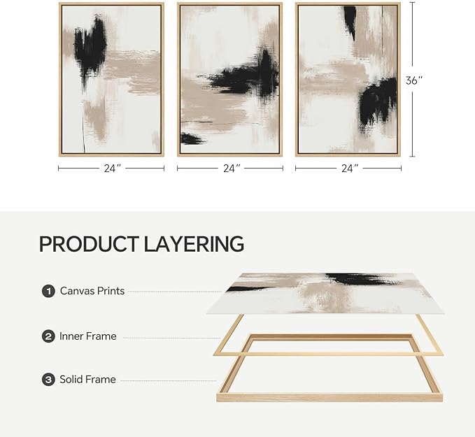 Framed Large Neutral Abstract Wall Art for Living Room, 3 Piece Modern Canvas Artworks, Minimalist Painting Prints for Dining Room Hallway Home Office Wall Decor, 24x36 In