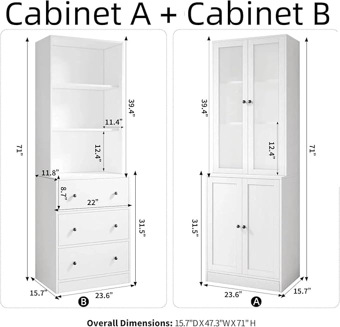 TUSY 71" H Bookshelf with Storage, 6-Tier Modern Bookshelves with 3 Large Drawer, Display Bookcase with Glass Doors, Modern 5-Tier Curio Cabinet for Home Office, Dining Room (White, ABA)
