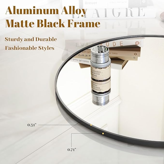 VooBang Black Round Bathroom Mirror, 24 inch Circle Wall Mounted Hanging Mirror with Simple Modern Circular Metal Frame for Hallway, Entryway, Living Room, Black Frame