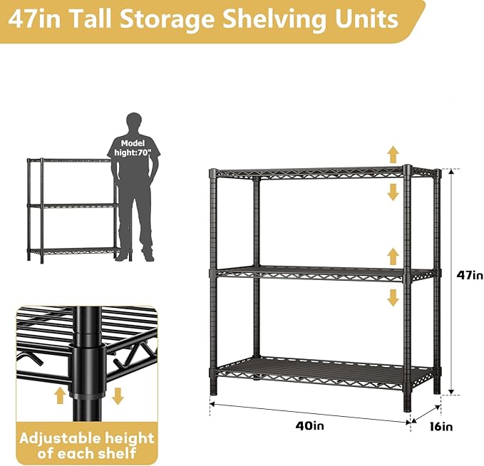 ROOMTEC 3-Tier Heavy Duty Wire Shelving Unit, 40" W x 16" D x 40" H Garage Shelving, 1200 lbs Total Capacity Adjustable Storage Rack, Metal Shelf for Kitchen, Pantry, Laundry Room, Basement
