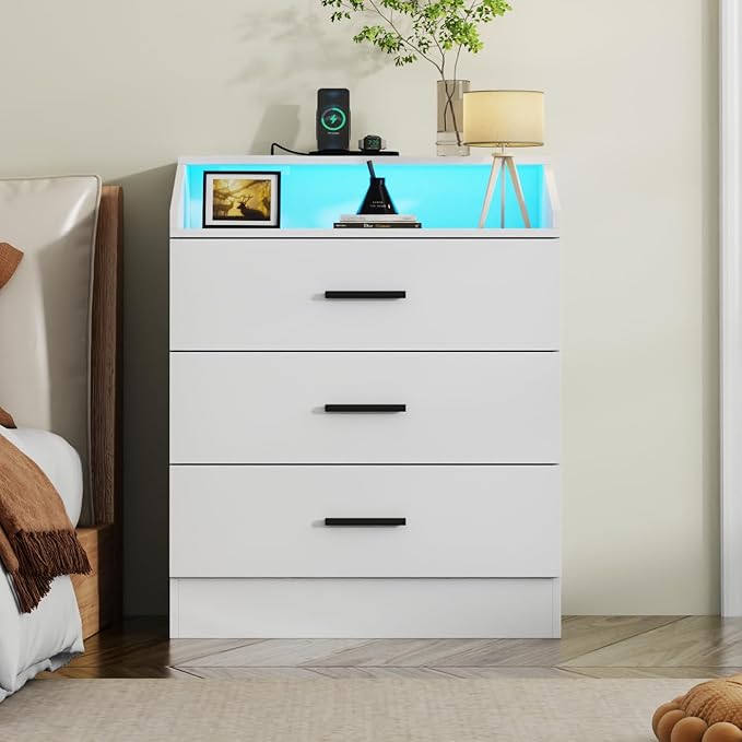 Gyfimoie 3 Drawers Dresser with Power Outlet, Chest of Drawers with LED Light, White Dresser Organizer with Open Storage Cubby, Modern Nightshatnd for Bedroom, Living Room, Entryway, Hallway