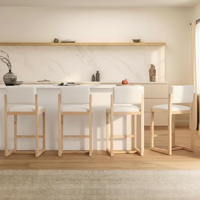 DUOMAY Modern Bar Stools Set of 4, 26" Counter Height Barstools, Sherpa Upholstered Kitchen Island Chair with Wood Legs for Home Bar Coffee Shop, White