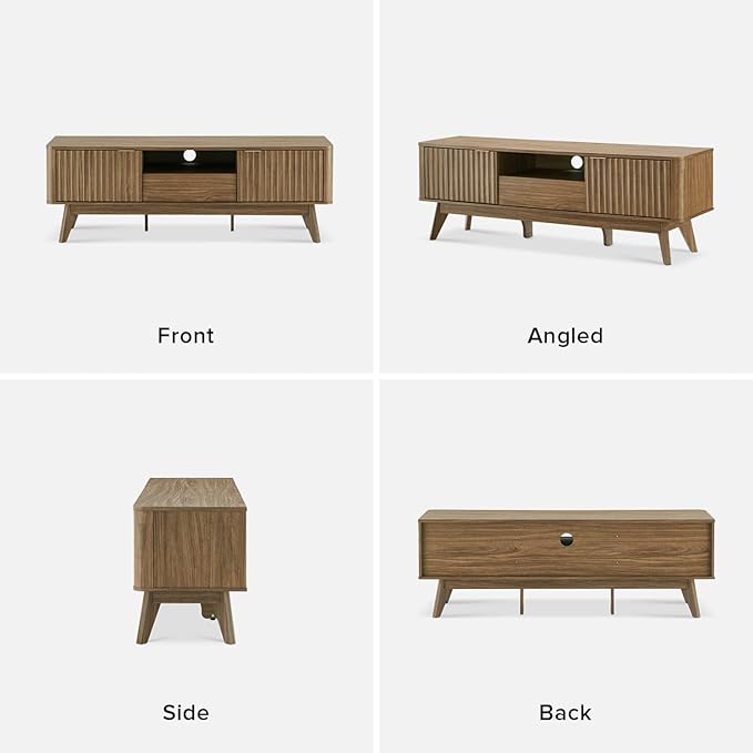 mopio Brooklyn Mid-Century Modern TV Stand, for TVs up to 50” / 59" Waveform Panel, Sleek Curved Profile with Adjustable Shelf and Sturdy Box Frame Leg (Natural Walnut, 57")