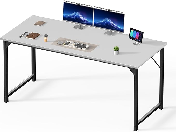 DUMOS 63 Inch Computer Desk for Home Office, Modern Study Work Table Simple Style for Bedroom, Large Writing Desks with Triangular Reinforcement, Wood White