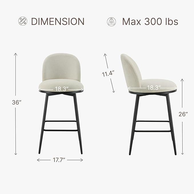 26" Counter Height Swivel Bar Stools Set of 2, Upholstered Linen Fabric Barstools with Backs and Metal Legs for Kitchen Island,Linen