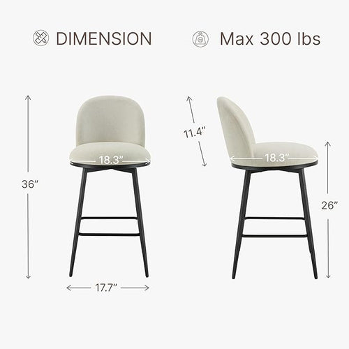 26" Counter Height Swivel Bar Stools Set of 2, Upholstered Linen Fabric Barstools with Backs and Metal Legs for Kitchen Island,Linen