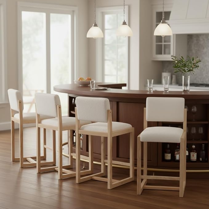 DUOMAY Modern Bar Stools Set of 2, 26" Counter Height Barstools, Sherpa Upholstered Kitchen Island Chair with Wood Legs for Home Bar Coffee Shop, White
