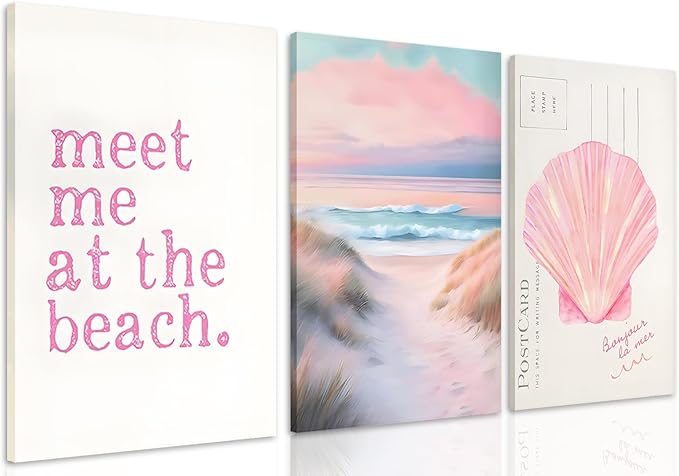 Yudinbin Framed Pink Beach Preppy Coastal Canvas Wall Art Girls Aesthetic Room Decor Painting Poster Print for Girls Bedroom Dorm Home 16x12 in