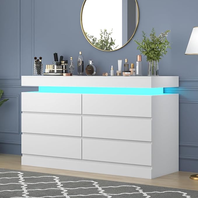 Gyfimoie 6 Drawer Dresser with Power Outlet, Dresser with LED Light, Modern Chest of Drawers for Closet, Double Wide Drawer Organizer Cabinet for Bedroom, Living Room (White, 6 Drawers)