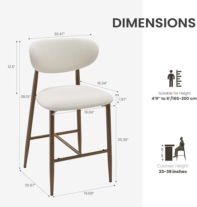 Bar Stools Set of 1, Counter Height bar stools, Kitchen Bar Stools with Backs, Modern Upholstered, Modern Bar Stools with Metal Legs for Kitchen Island, Counter, Beige