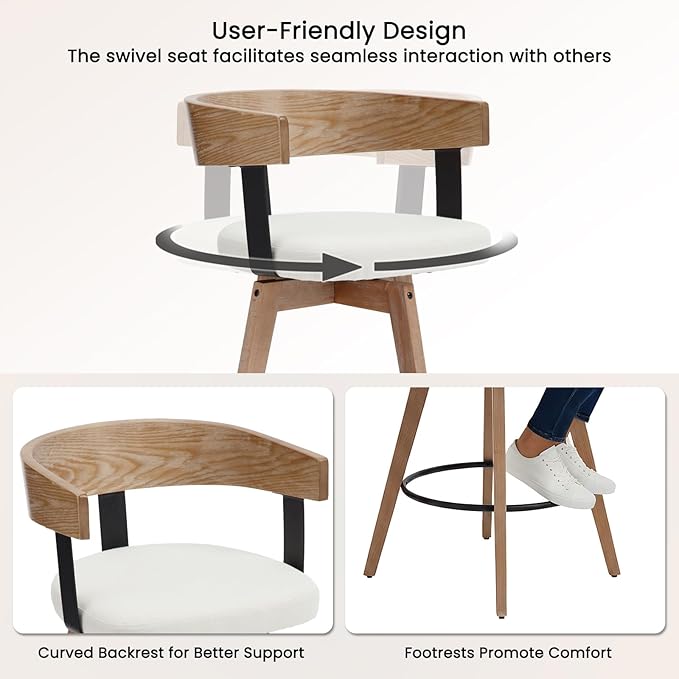 DUOMAY Swivel Bar Stools Set of 3, 26" Counter Height Bar Stool with Footrest Modern Wood Barstools with Linen Upholstered Seat Counter Stools for Kitchen Island Home Bar, White