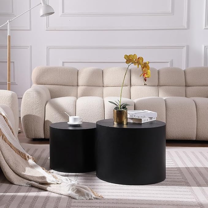 WILLIAMSPACE 18.9" Black Nesting Coffee Table Set of 2, Modern Round Coffee Tables Circle Side Table for Small Space, Accent End Table Set, No Assembling, Matte Black