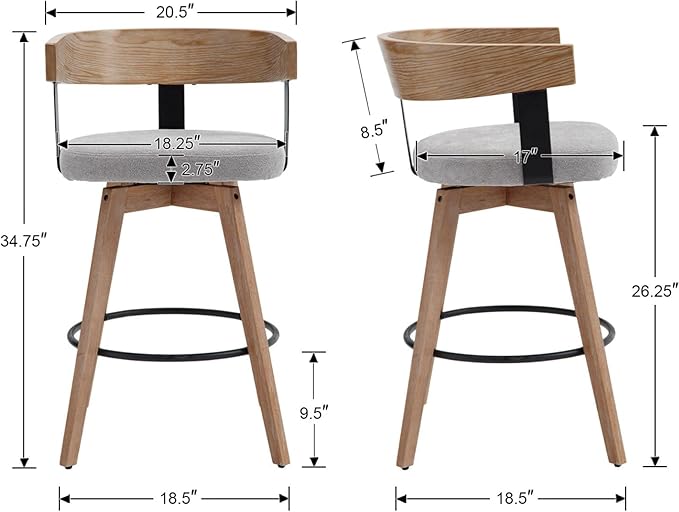 DUOMAY Swivel Bar Stools Set of 1, 26" Counter Height Bar Stool with Footrest Modern Wood Barstool with Linen Upholstered Seat Counter Stools for Kitchen Island Home Bar, Grey