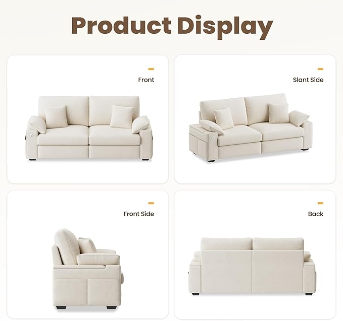 76.38'' Modern Loveseat Sofa, 2 Seats, Beige | USB/Type-C Port, Side Storage, Removable Cover, Easy Assembly, Small Spaces