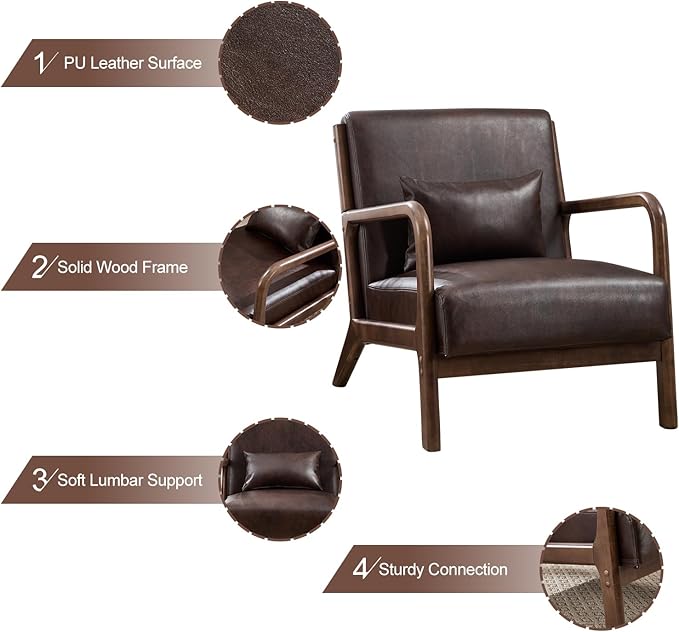 INZOY Mid Century Modern Accent Chair with Wood Frame Set of 2, Upholstered Reading Armchair with PU Leather, Accent Chair for Living Room Bedroom Apartment, Easy Assembly, Chocolate Brown