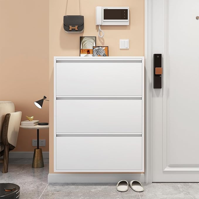 LUCYPAL Shoe Cabinet Storage for Entryway,Slim Wall Mounted Shoe Cabinet with 3 Flip Drawers Narrow Shoe Organizer for Entryway, Hallway, Living Room,White