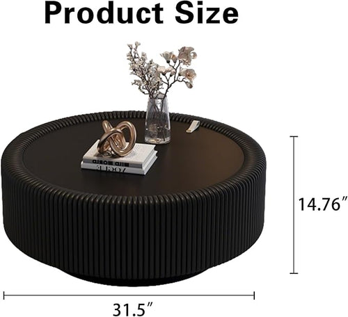 31.5" Black Round Coffee Table with Storage, Tempered Glass Top PU Leather Body & Baked Enamel Base, Modern Minimalist Fluted Circle Center Tables for or Living Room, Bedroom, Apartment