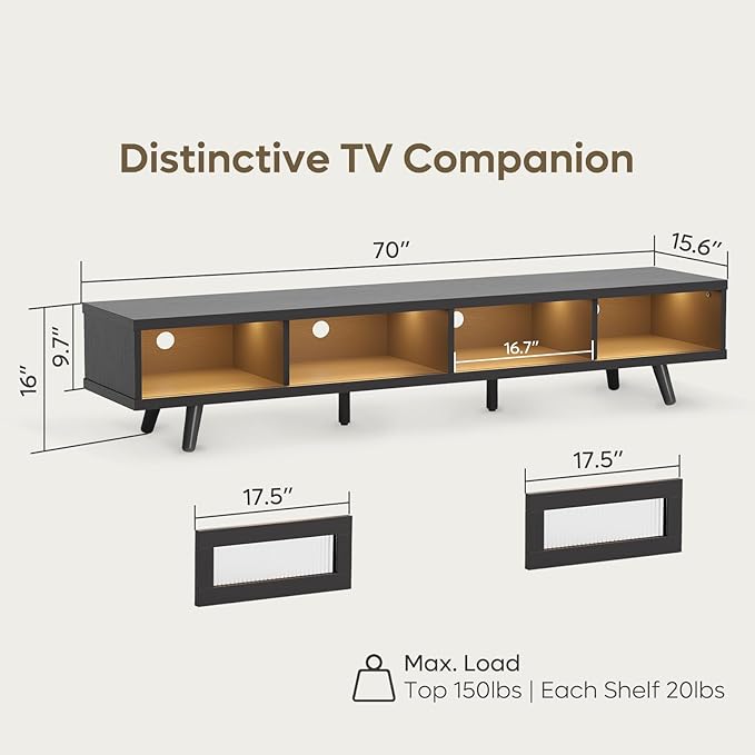 Bestier Mid Century Modern TV Stand for 75 inch TV, LED Entertainment Center with Storage and Sliding Doors, Low Profile TV Consoles for Living Room, Embossed Black